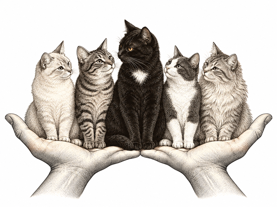 Five cats sit on a pair of open human hands. In the middle is Tac, a small black short-haired cat with amber eyes and a small white chest patch, turning to inspect his support team. The four cats around him, a cream cat, two tabbies and a black and white cat, all look up at him.