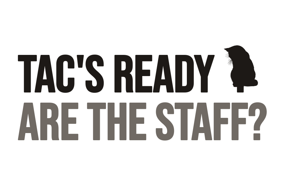Tac's ready. Are the staff? A black cat sits on the full stop after Tac's ready, looking down at the question.