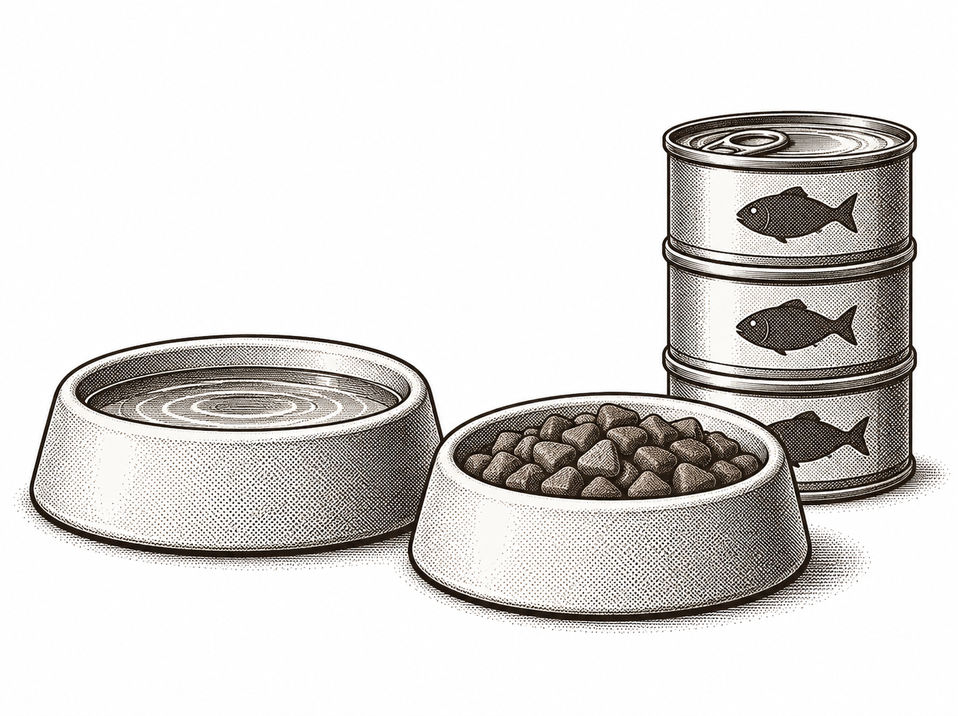 A water bowl and a bowl of cat biscuits stand beside three stacked cat-food tins.